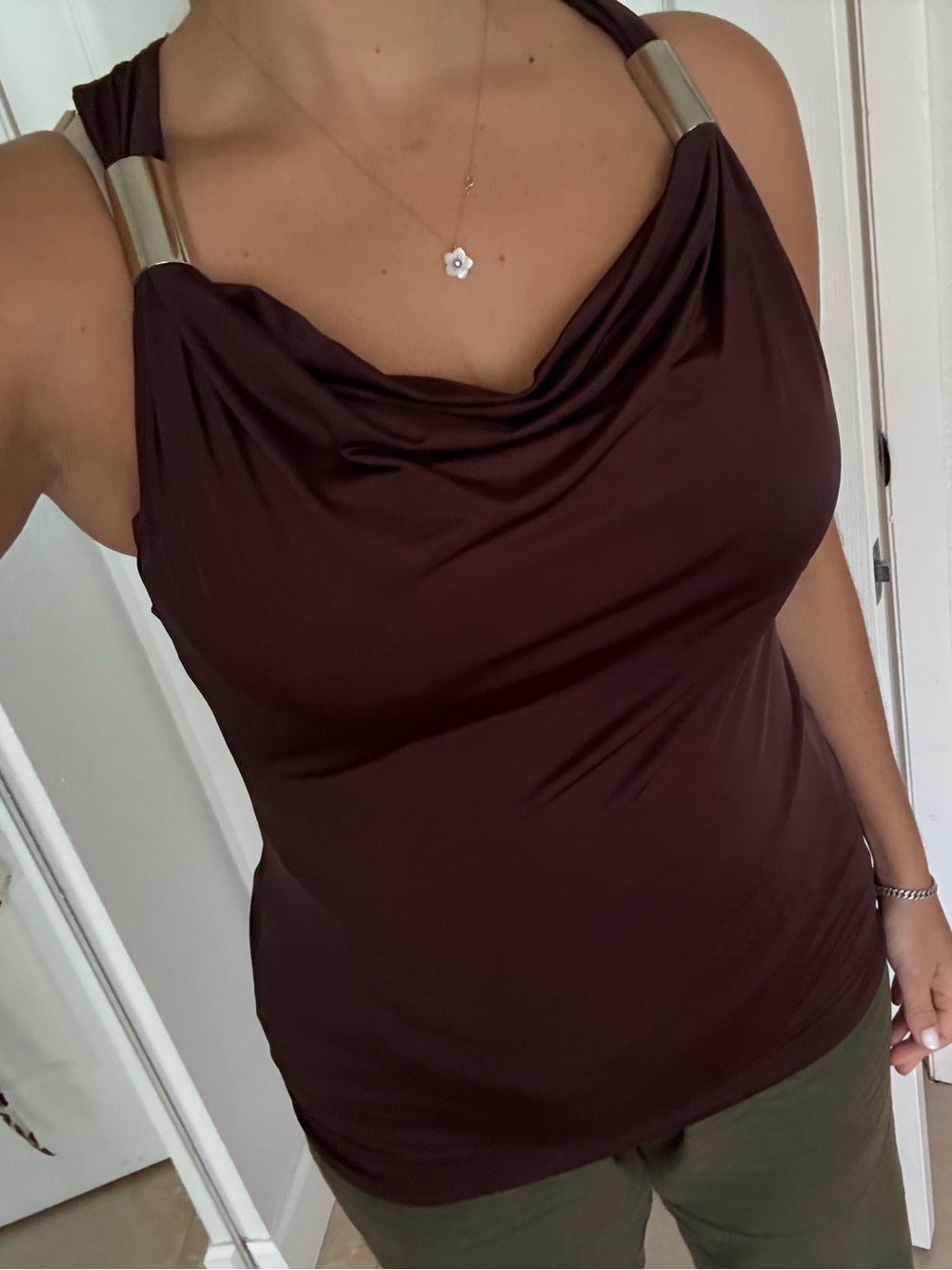 Women’s Cowl Neck Tank Top in Dark Brown with silver details